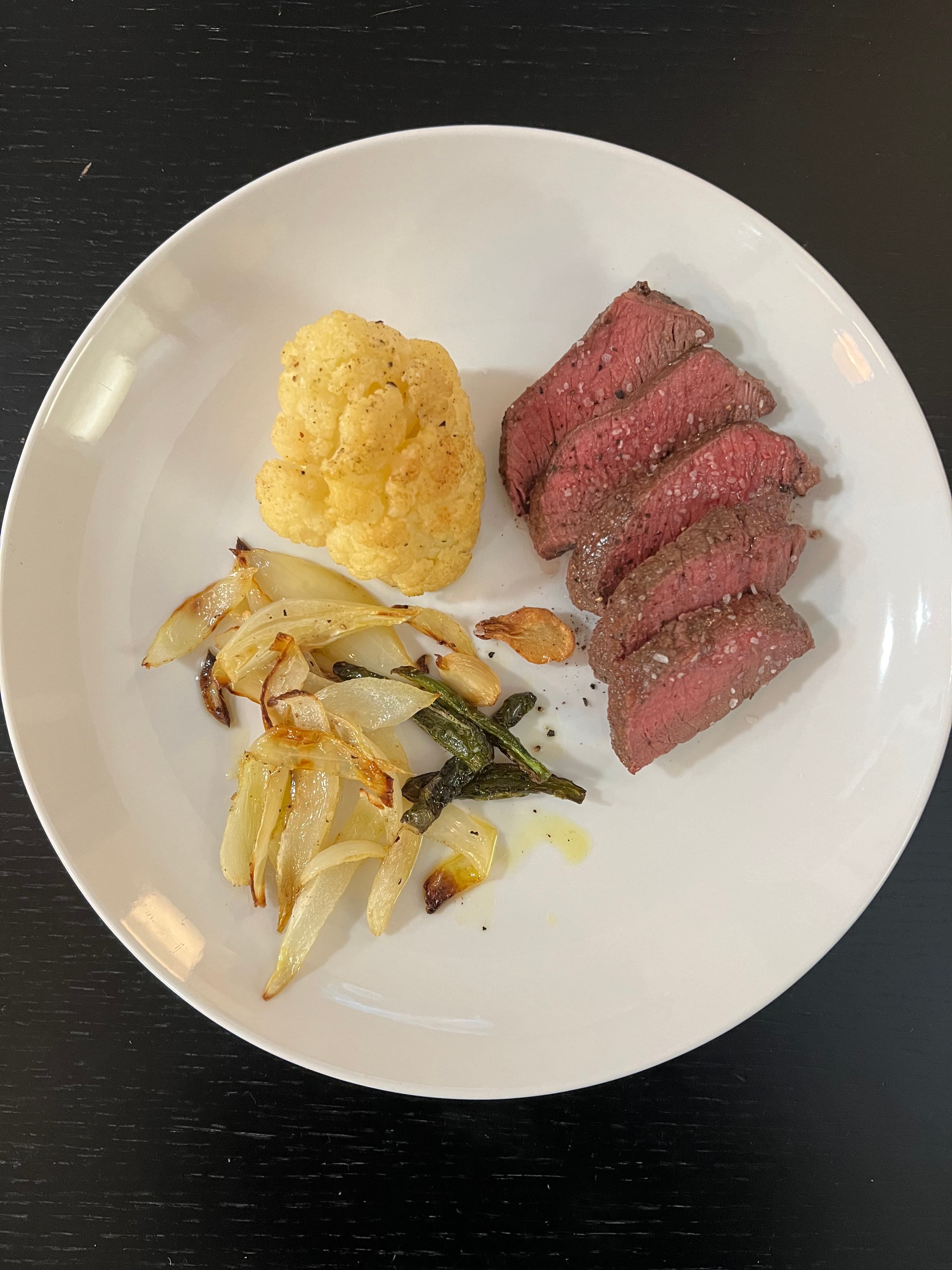 Steak with roasted vegetables on a low-carbohydrate plate